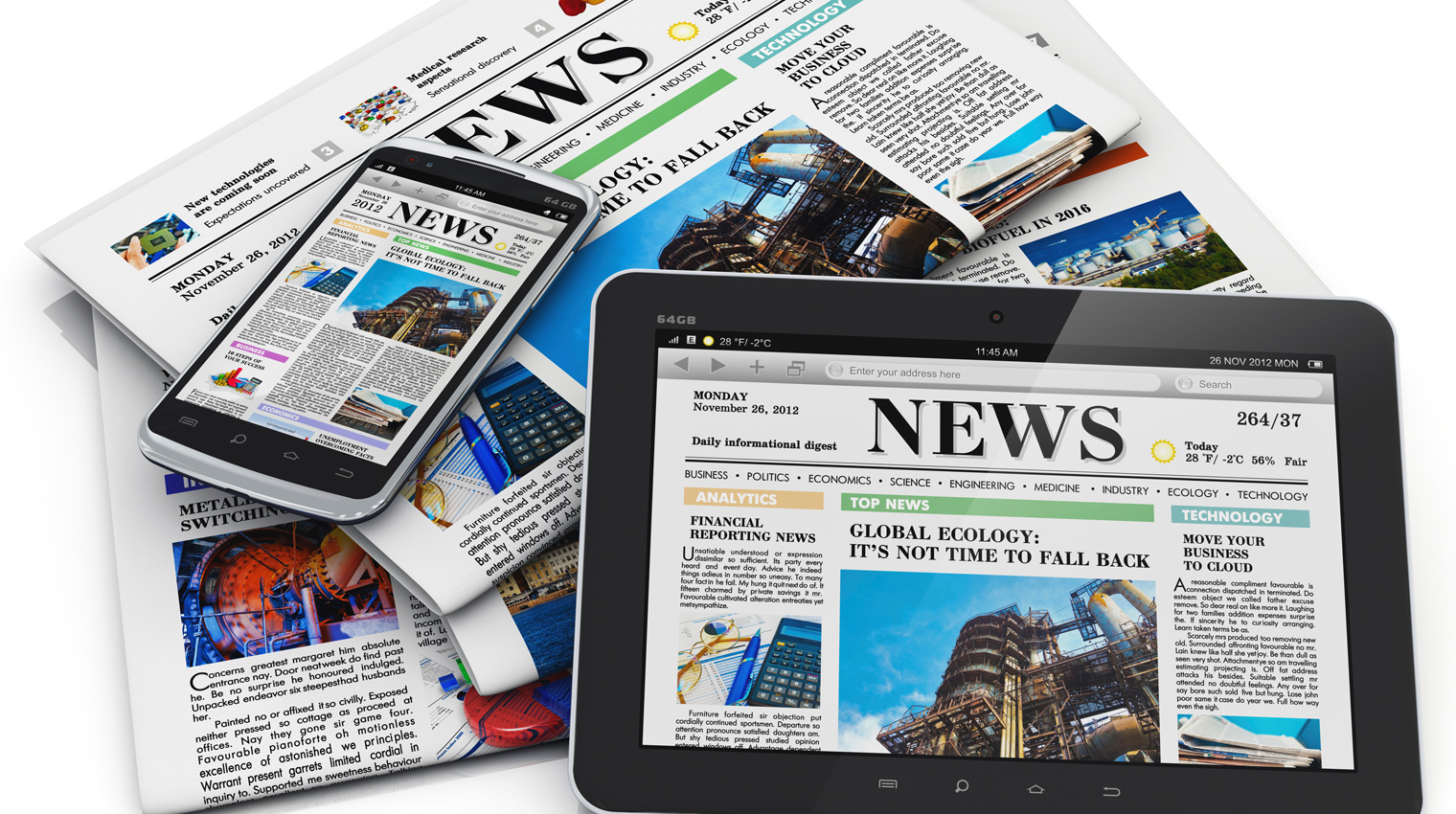 Stock photo of newspapers, in print and on screens of a smartphone and tablet